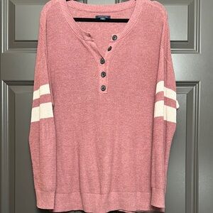 AE Pink Henley Sweater with Stripe Sleeves